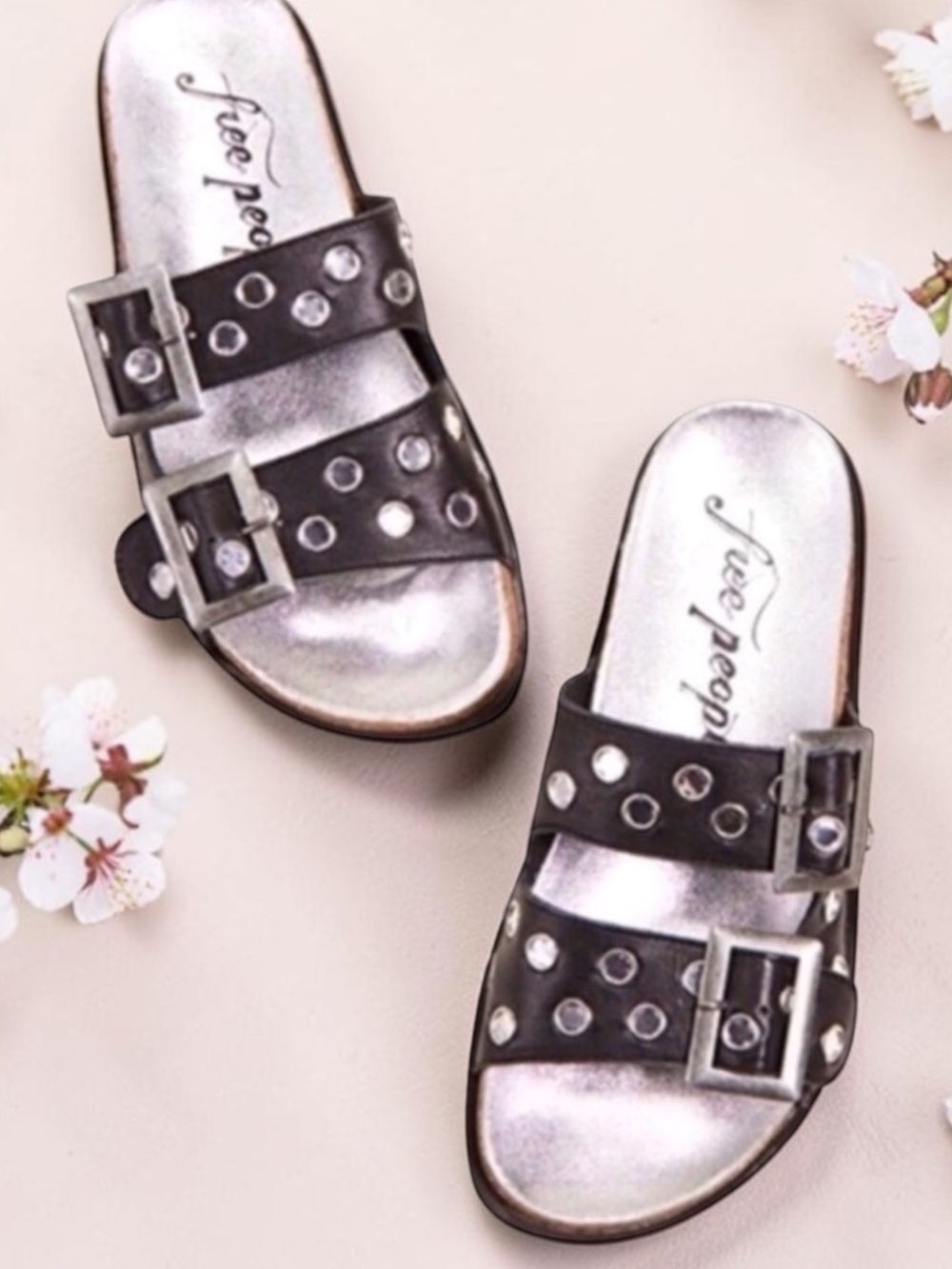 Free People Bali  Sandals Black Leather Double Buckle Strap Mirror Studs Sz 37/7